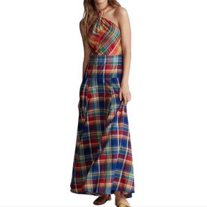Ralph Lauren Women's Madras Halter Maxidress Orange Multi Plaid Size 14